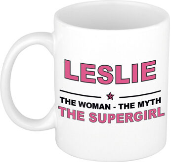 Bellatio Decorations Naam cadeau mok/ beker Leslie The woman, The myth the supergirl 300 ml - Naam mokken Multikleur