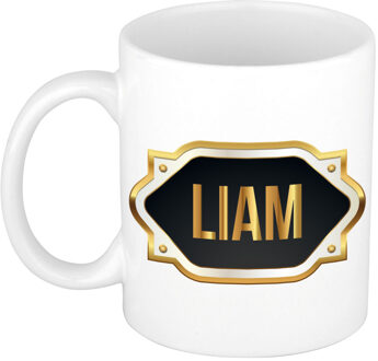 Bellatio Decorations Naam cadeau mok / beker Liam met gouden embleem 300 ml Zwart