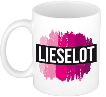 Bellatio Decorations Naam cadeau mok / beker Lieselot met roze verfstrepen 300 ml