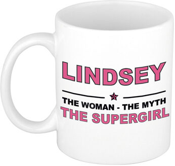 Bellatio Decorations Naam cadeau mok/ beker Lindsey The woman, The myth the supergirl 300 ml - Naam mokken Multikleur