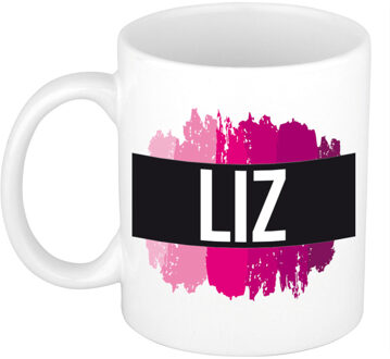Bellatio Decorations Naam cadeau mok / beker Liz met roze verfstrepen 300 ml