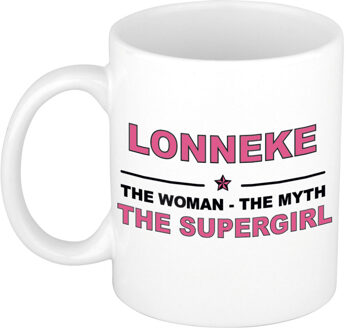 Bellatio Decorations Naam cadeau mok/ beker Lonneke The woman, The myth the supergirl 300 ml - Naam mokken Multikleur