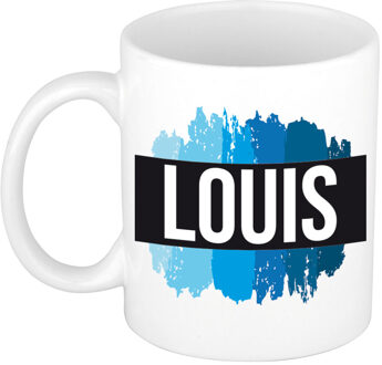 Bellatio Decorations Naam cadeau mok / beker Louis met blauwe verfstrepen 300 ml