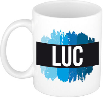 Bellatio Decorations Naam cadeau mok / beker Luc met blauwe verfstrepen 300 ml