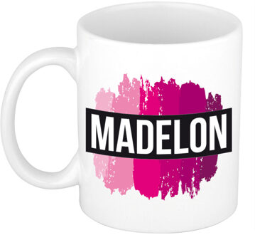 Bellatio Decorations Naam cadeau mok / beker Madelon met roze verfstrepen 300 ml