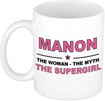 Bellatio Decorations Naam cadeau mok/ beker Manon The woman, The myth the supergirl 300 ml - Naam mokken Multikleur