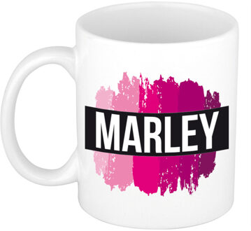 Bellatio Decorations Naam cadeau mok / beker Marley met roze verfstrepen 300 ml