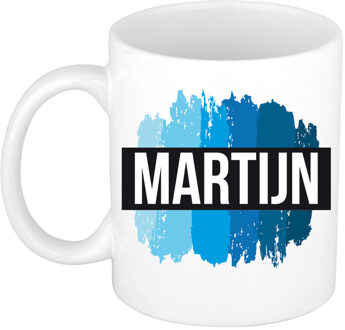 Bellatio Decorations Naam cadeau mok / beker Martijn met blauwe verfstrepen 300 ml