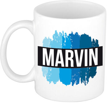 Bellatio Decorations Naam cadeau mok / beker Marvin met blauwe verfstrepen 300 ml
