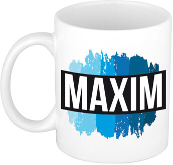 Bellatio Decorations Naam cadeau mok / beker Maxim met blauwe verfstrepen 300 ml