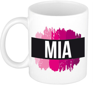 Bellatio Decorations Naam cadeau mok / beker Mia met roze verfstrepen 300 ml
