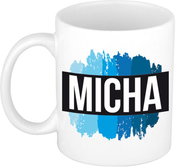 Bellatio Decorations Naam cadeau mok / beker Micha met blauwe verfstrepen 300 ml