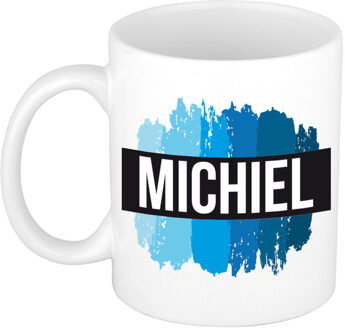 Bellatio Decorations Naam cadeau mok / beker Michiel met blauwe verfstrepen 300 ml