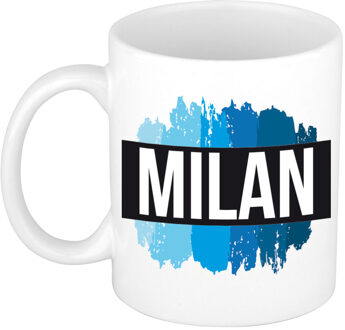Bellatio Decorations Naam cadeau mok / beker Milan met blauwe verfstrepen 300 ml