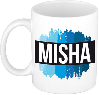 Bellatio Decorations Naam cadeau mok / beker Misha met blauwe verfstrepen 300 ml