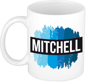 Bellatio Decorations Naam cadeau mok / beker Mitchell met blauwe verfstrepen 300 ml