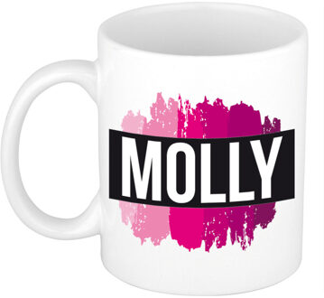 Bellatio Decorations Naam cadeau mok / beker Molly met roze verfstrepen 300 ml