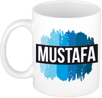 Bellatio Decorations Naam cadeau mok / beker Mustafa met blauwe verfstrepen 300 ml