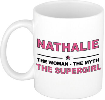 Bellatio Decorations Naam cadeau mok/ beker Nathalie The woman, The myth the supergirl 300 ml - Naam mokken Multikleur
