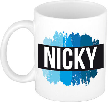 Bellatio Decorations Naam cadeau mok / beker Nicky met blauwe verfstrepen 300 ml