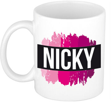 Bellatio Decorations Naam cadeau mok / beker Nicky met roze verfstrepen 300 ml