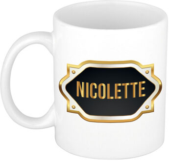 Bellatio Decorations Naam cadeau mok / beker Nicolette met gouden embleem 300 ml Zwart
