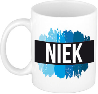 Bellatio Decorations Naam cadeau mok / beker Niek met blauwe verfstrepen 300 ml