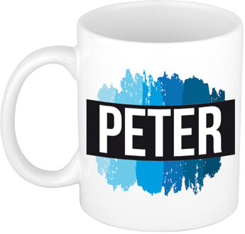 Bellatio Decorations Naam cadeau mok / beker Peter met blauwe verfstrepen 300 ml