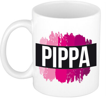 Bellatio Decorations Naam cadeau mok / beker Pippa met roze verfstrepen 300 ml