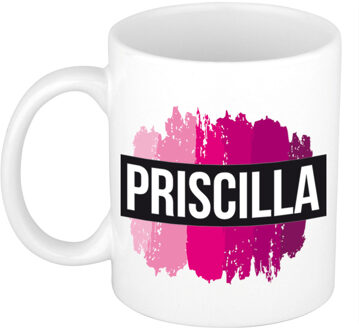 Bellatio Decorations Naam cadeau mok / beker Priscilla met roze verfstrepen 300 ml