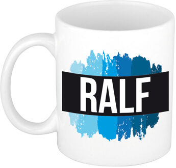 Bellatio Decorations Naam cadeau mok / beker Ralf met blauwe verfstrepen 300 ml