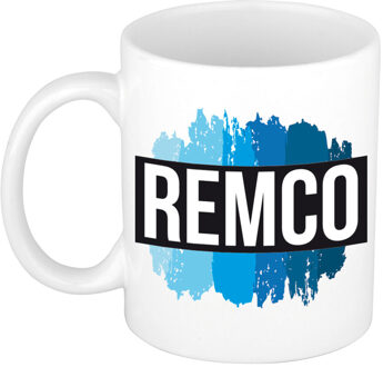 Bellatio Decorations Naam cadeau mok / beker Remco met blauwe verfstrepen 300 ml