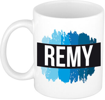 Bellatio Decorations Naam cadeau mok / beker Remy met blauwe verfstrepen 300 ml