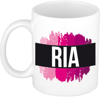 Bellatio Decorations Naam cadeau mok / beker Ria met roze verfstrepen 300 ml