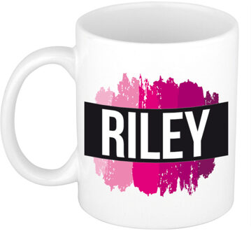 Bellatio Decorations Naam cadeau mok / beker Riley met roze verfstrepen 300 ml
