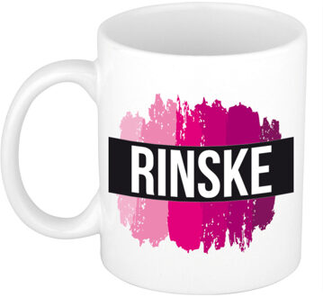 Bellatio Decorations Naam cadeau mok / beker Rinske met roze verfstrepen 300 ml