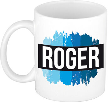 Bellatio Decorations Naam cadeau mok / beker Roger met blauwe verfstrepen 300 ml