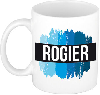 Bellatio Decorations Naam cadeau mok / beker Rogier met blauwe verfstrepen 300 ml