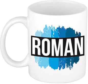 Bellatio Decorations Naam cadeau mok / beker Roman met blauwe verfstrepen 300 ml