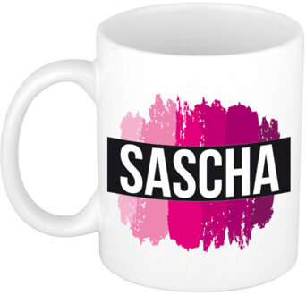 Bellatio Decorations Naam cadeau mok / beker Sascha met roze verfstrepen 300 ml