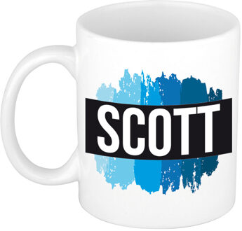 Bellatio Decorations Naam cadeau mok / beker Scott met blauwe verfstrepen 300 ml