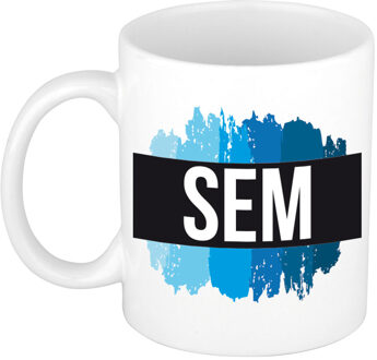 Bellatio Decorations Naam cadeau mok / beker Sem met blauwe verfstrepen 300 ml