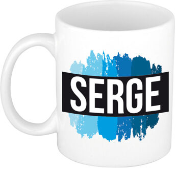 Bellatio Decorations Naam cadeau mok / beker Serge met blauwe verfstrepen 300 ml