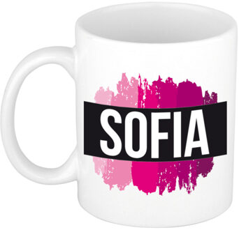 Bellatio Decorations Naam cadeau mok / beker Sofia met roze verfstrepen 300 ml