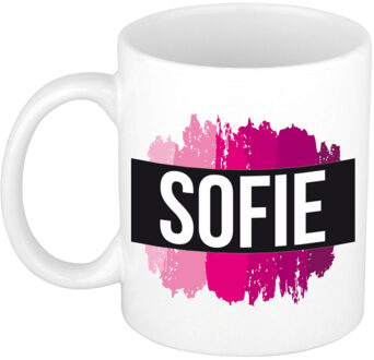 Bellatio Decorations Naam cadeau mok / beker Sofie met roze verfstrepen 300 ml