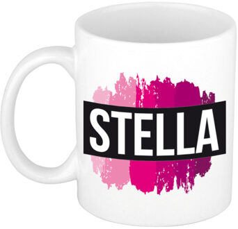Bellatio Decorations Naam cadeau mok / beker Stella met roze verfstrepen 300 ml