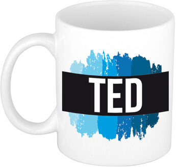 Bellatio Decorations Naam cadeau mok / beker Ted met blauwe verfstrepen 300 ml