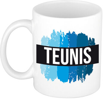 Bellatio Decorations Naam cadeau mok / beker Teunis met blauwe verfstrepen 300 ml