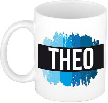 Bellatio Decorations Naam cadeau mok / beker Theo met blauwe verfstrepen 300 ml