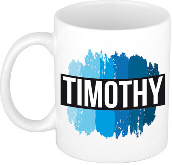 Bellatio Decorations Naam cadeau mok / beker Timothy met blauwe verfstrepen 300 ml